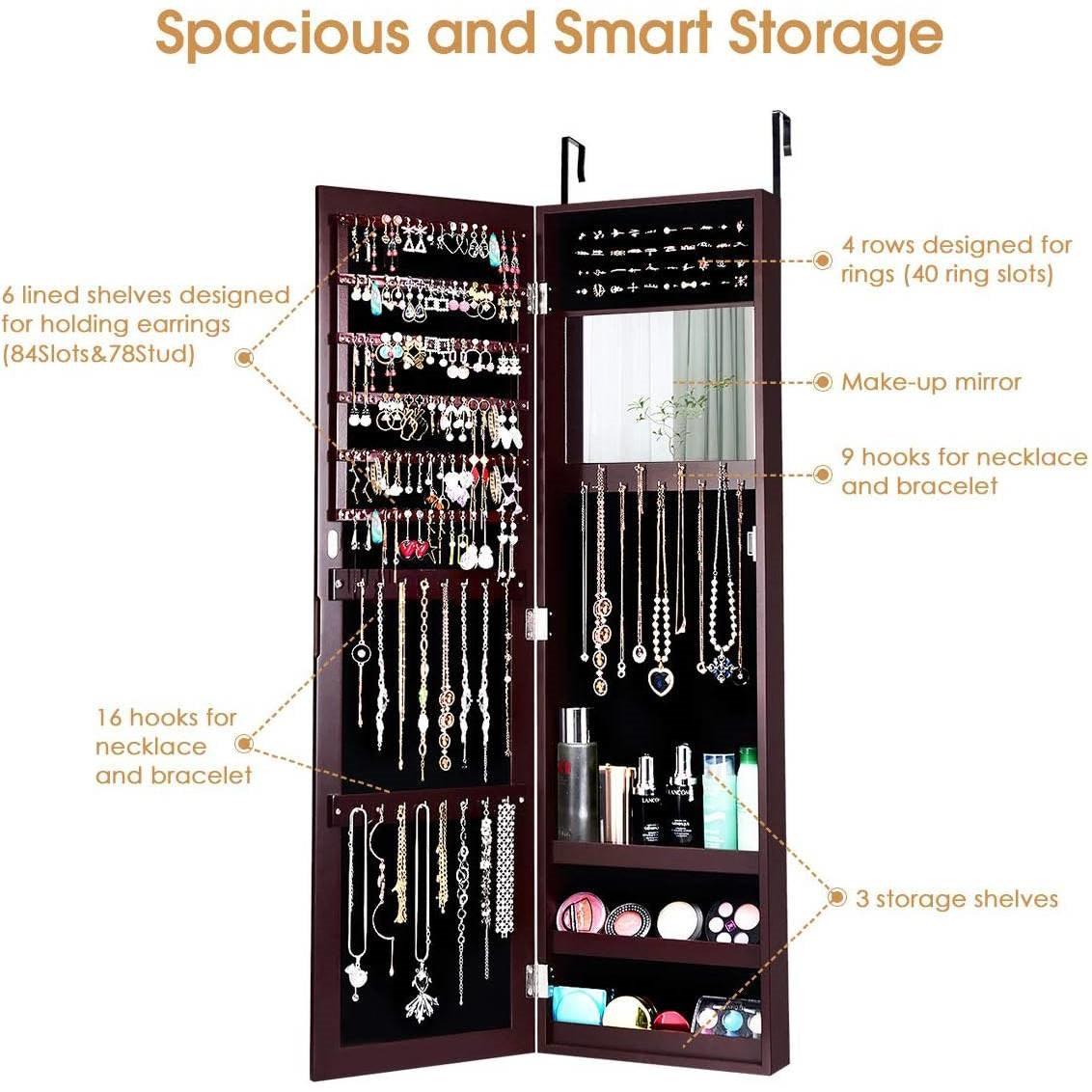 2-in-1 Dark Brown Wall or Door Mounted Jewelry Organizer Full Length Mirror - PRHOMZ
