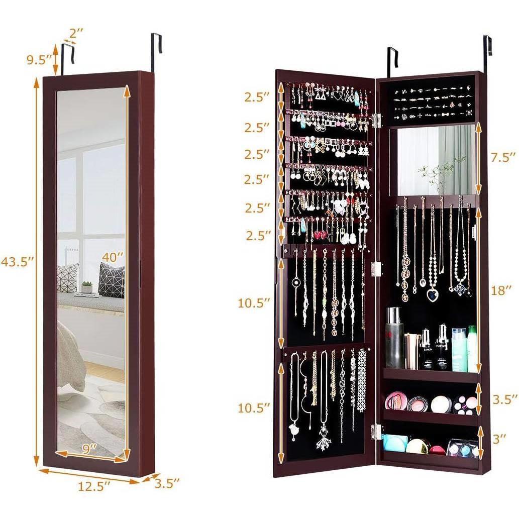 2-in-1 Dark Brown Wall or Door Mounted Jewelry Organizer Full Length Mirror - PRHOMZ