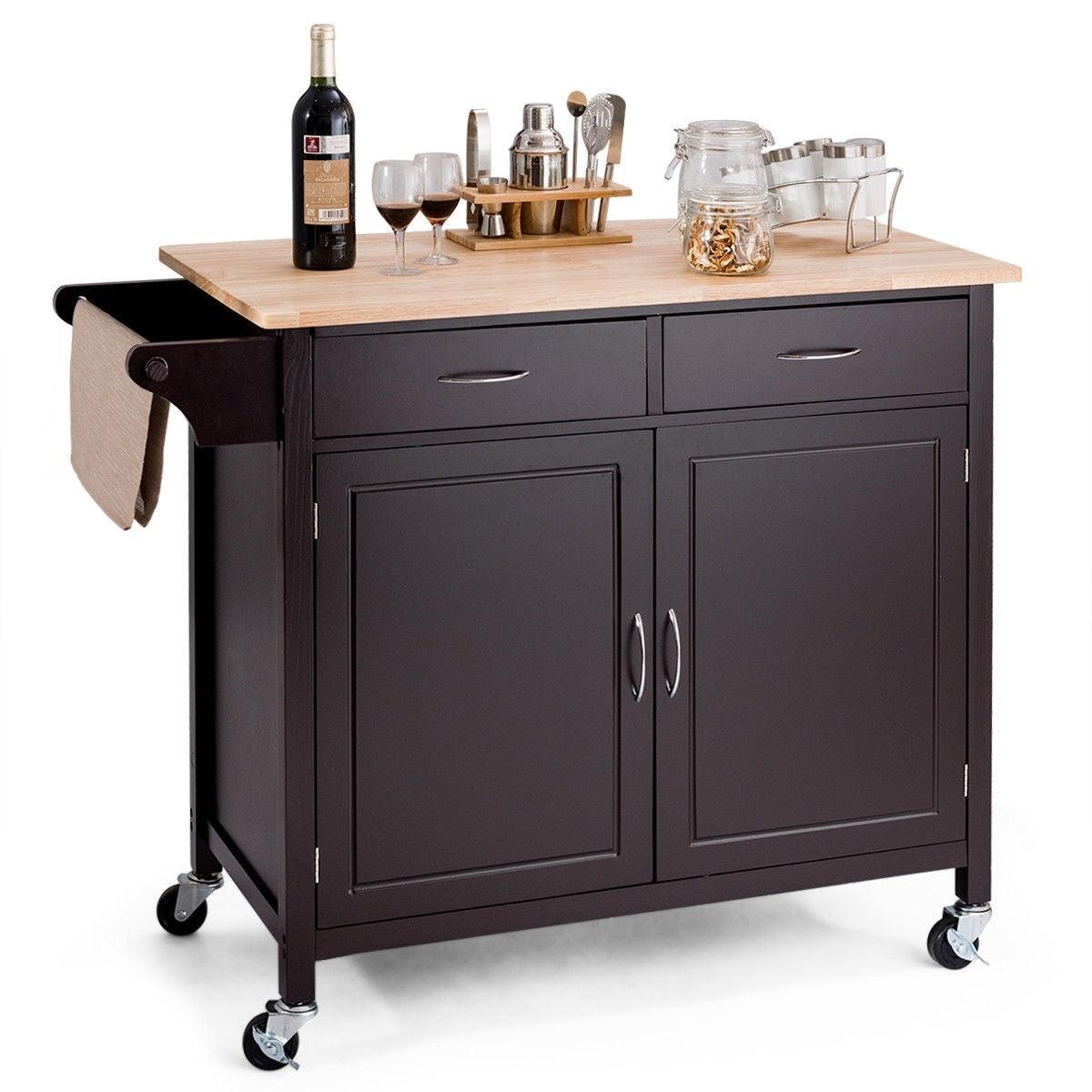 Brown Kitchen Island Storage Cart with Wood Top and Casters - PRHOMZ