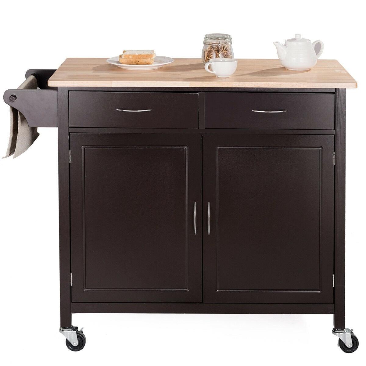 Brown Kitchen Island Storage Cart with Wood Top and Casters - PRHOMZ