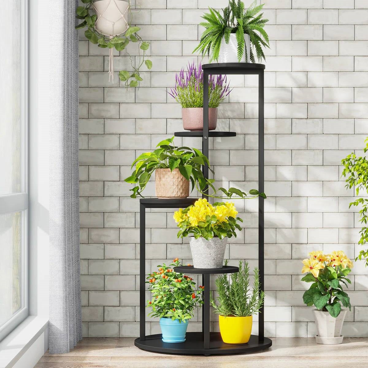 5-Tier Indoor Plant Stand with Black Metal Frame and Brown Wood Finish Shelves-0