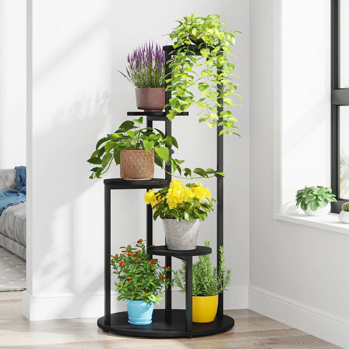 5-Tier Indoor Plant Stand with Black Metal Frame and Brown Wood Finish Shelves-1