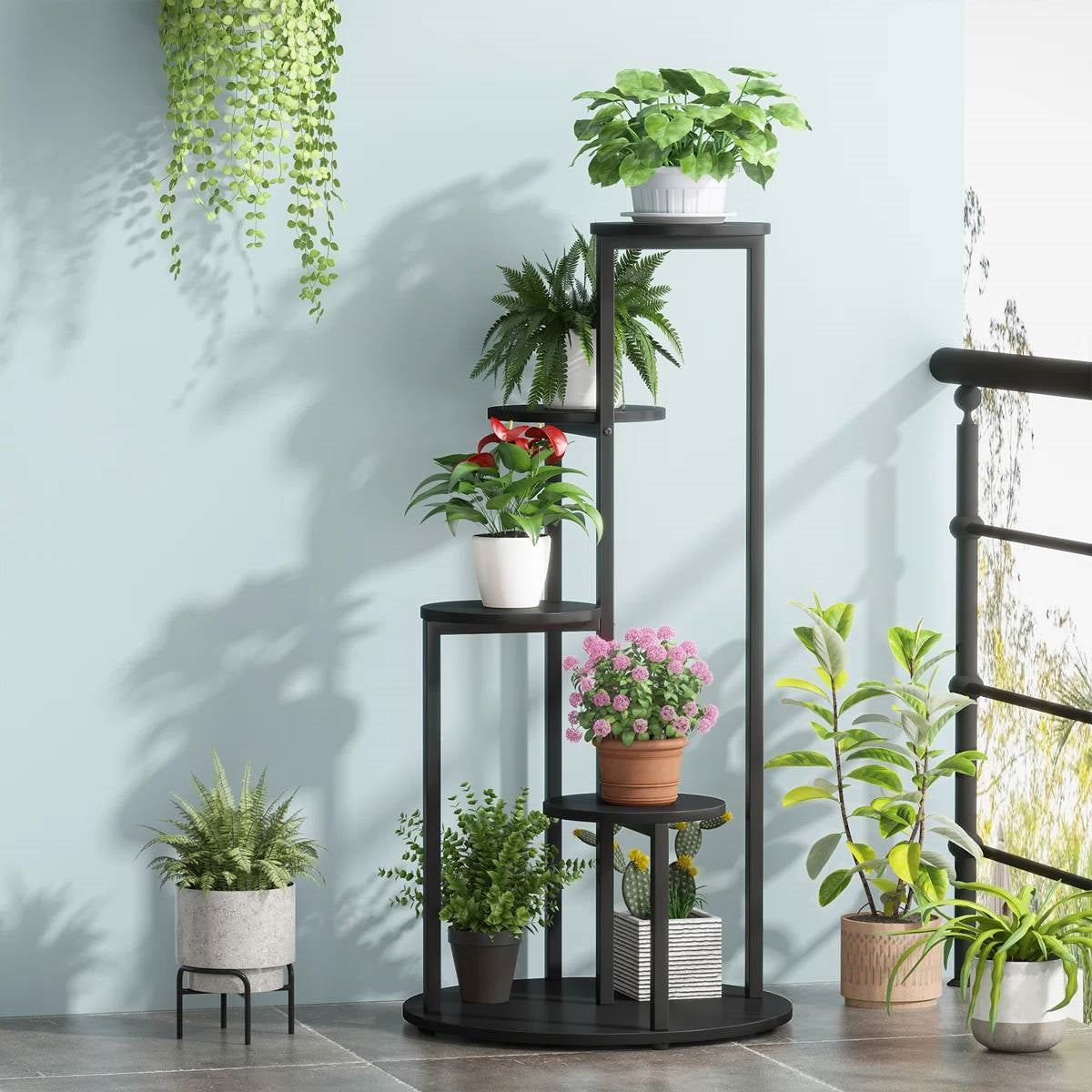 5-Tier Indoor Plant Stand with Black Metal Frame and Brown Wood Finish Shelves-2