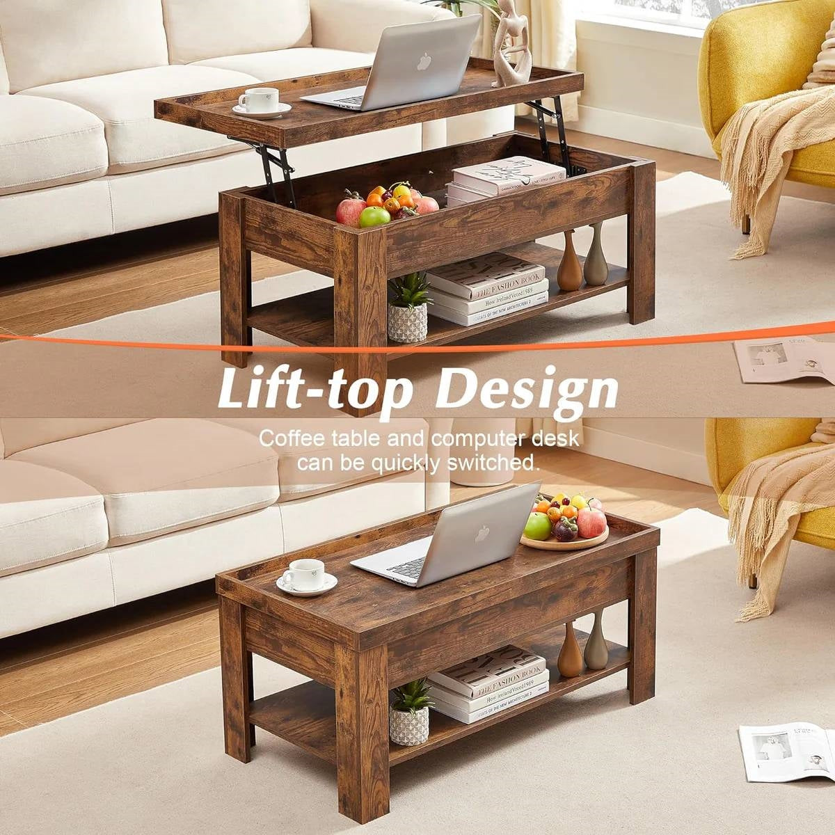Modern Lift Top Coffee Table with Storage Shelf in Brown Wood Finish-1