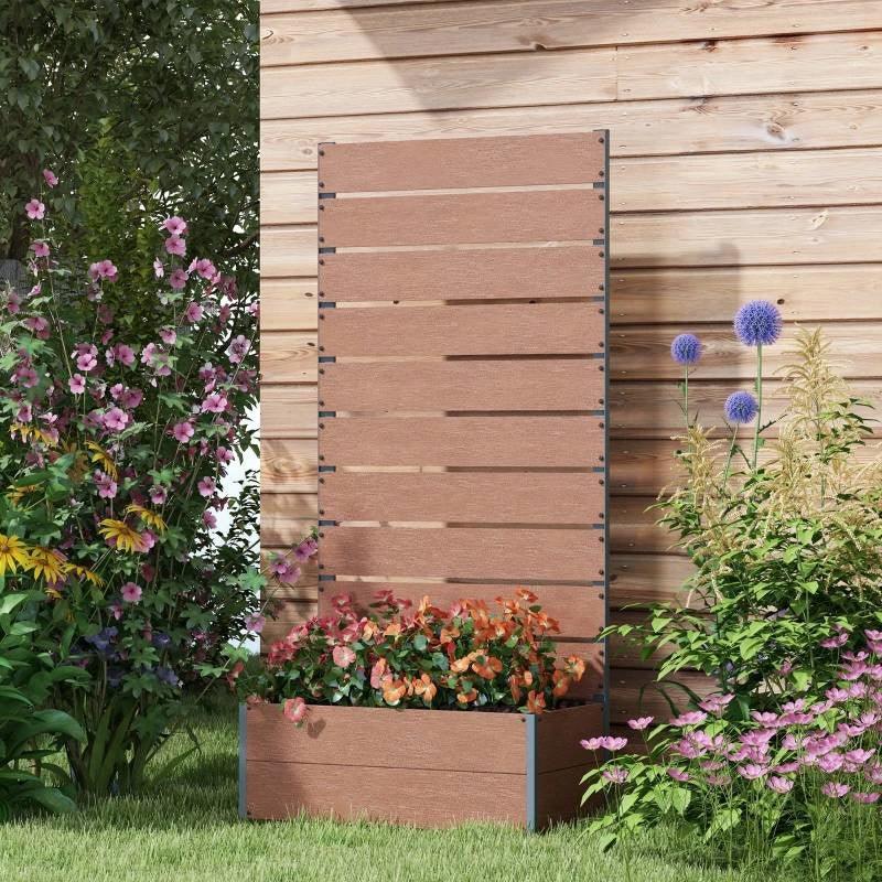 Raised Garden Bed Planter with Slatted Fence Trellis in Brown Wood Finish - PRHOMZ