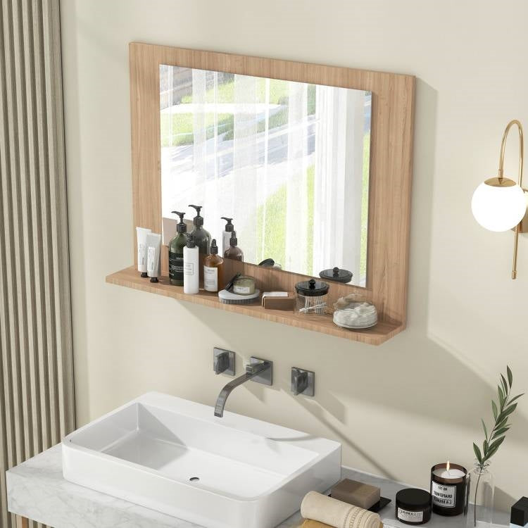 Rectangular 23 x 17 inch Bathroom Wall Mirror with Shelf in Brown Wood Finish-1