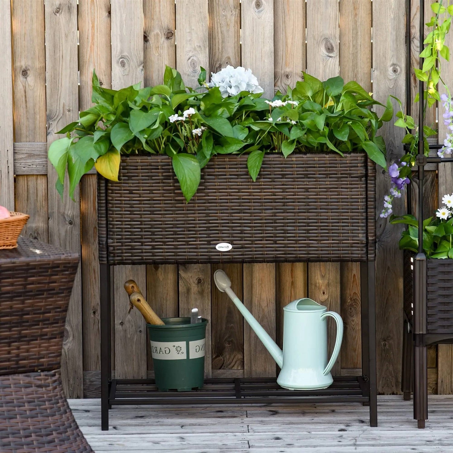 Brown Modern PE Rattan Wicker Raised Garden Bed Elevated Planter Box-1