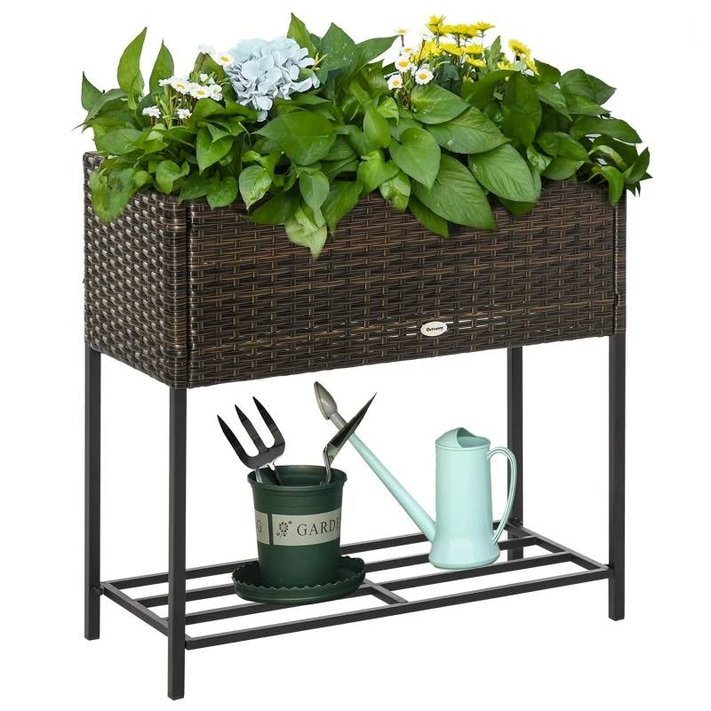 Brown Modern PE Rattan Wicker Raised Garden Bed Elevated Planter Box-2