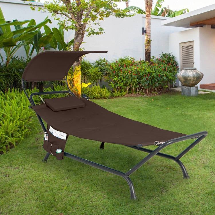 Brown Polyester Chaise Lounge Chair Hammock with Canopy and Storage Bag-1