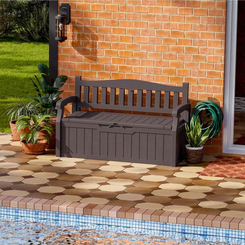 Heavy Duty Brown Plastic Outdoor Storage Garden Bench Patio Deck Box-2