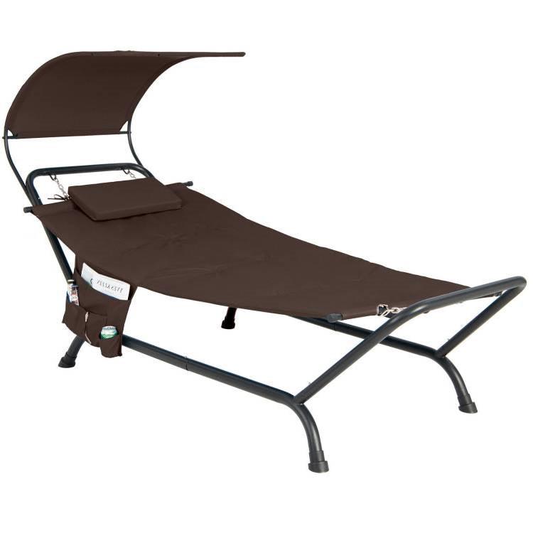 Brown Outdoor Hammock Style Chaise Lounge Chair Cot with Canopy and Storage Bag - PRHOMZ