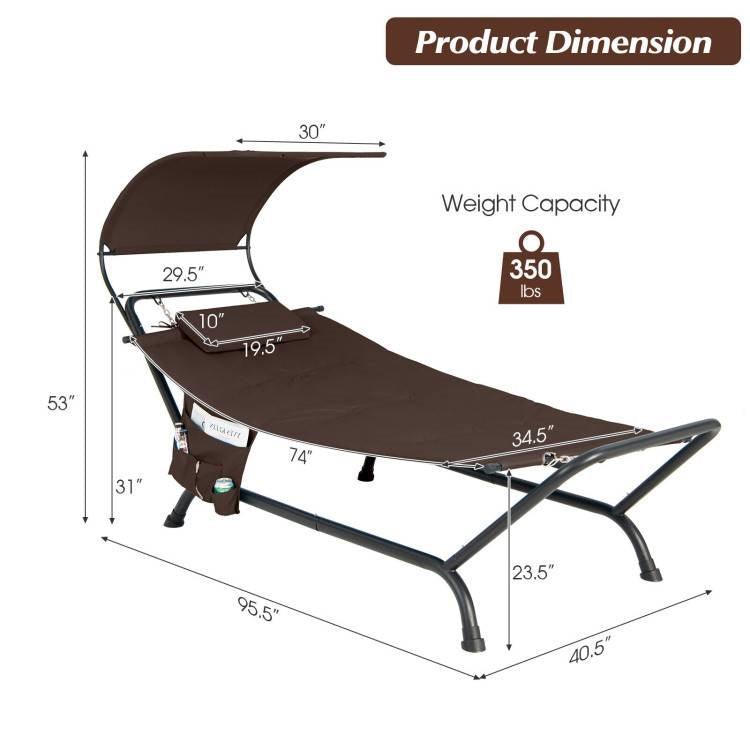 Brown Outdoor Hammock Style Chaise Lounge Chair Cot with Canopy and Storage Bag - PRHOMZ