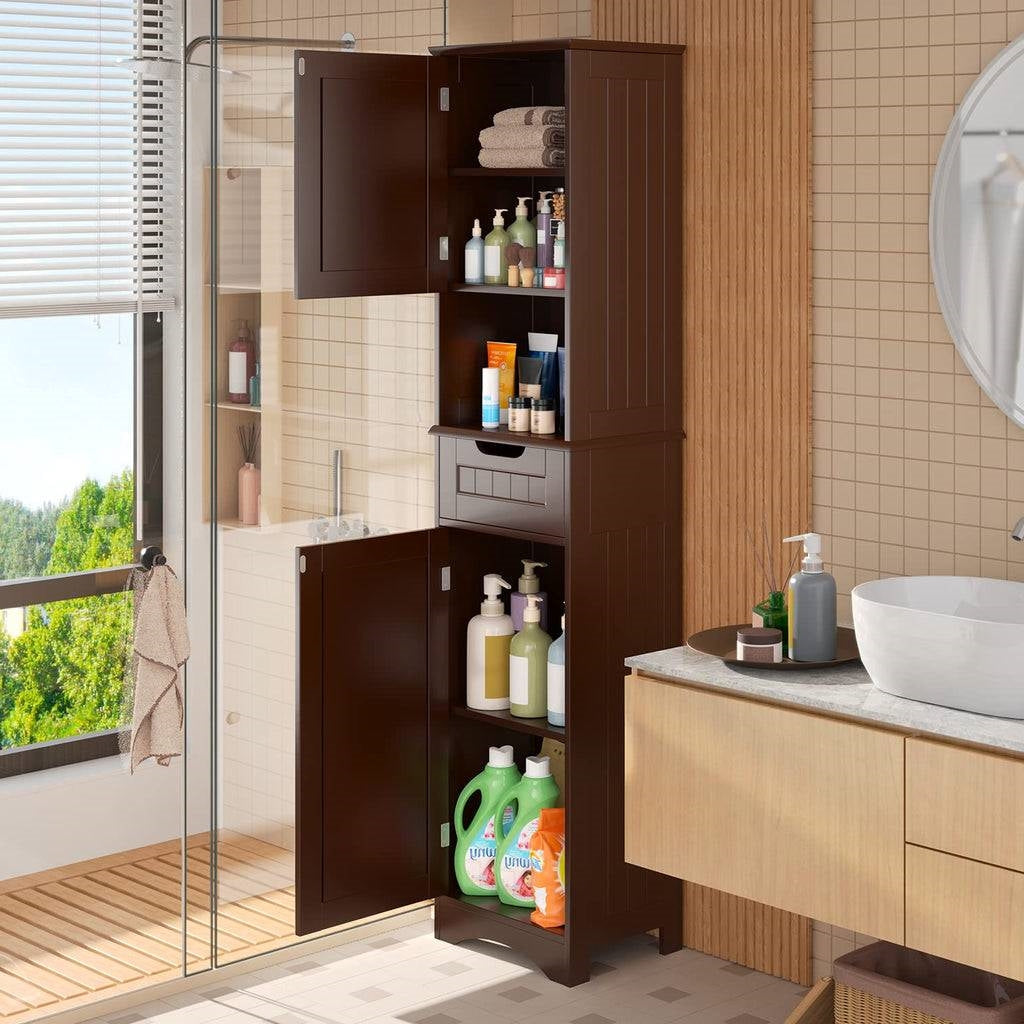 Dark Brown Bathroom Linen Cabinet Tower with 2 Doors Storage Drawer and Shelf-0