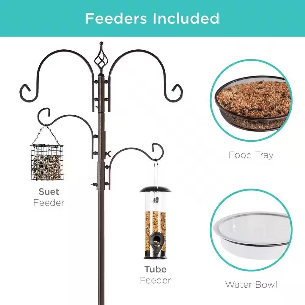 Complete Bird Feeder Set with Bronze Metal Stand Suet Water Bowl Tube and Tray - PRHOMZ