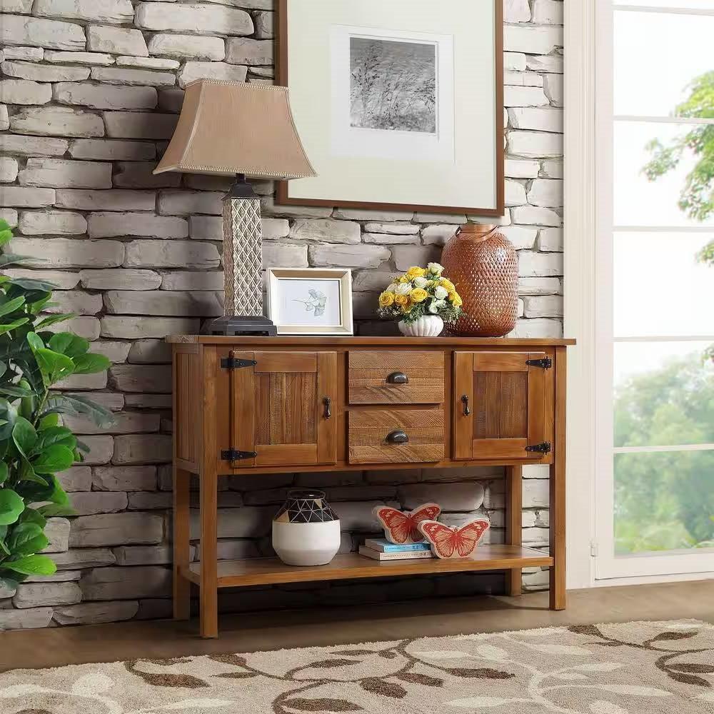 Solid Wood Farmhouse Console Table Buffet Cabinet with Storage Drawers in Brown - PRHOMZ