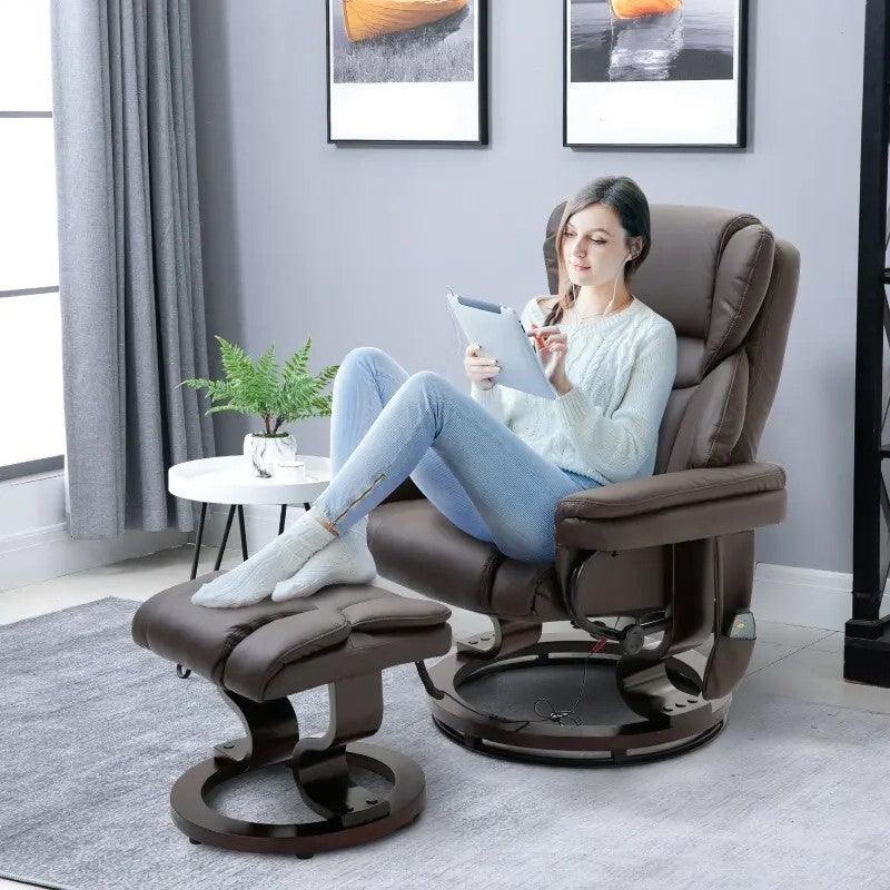 Adjustable Brown Faux Leather Remote Massage Recliner Chair w/ Ottoman - PRHOMZ
