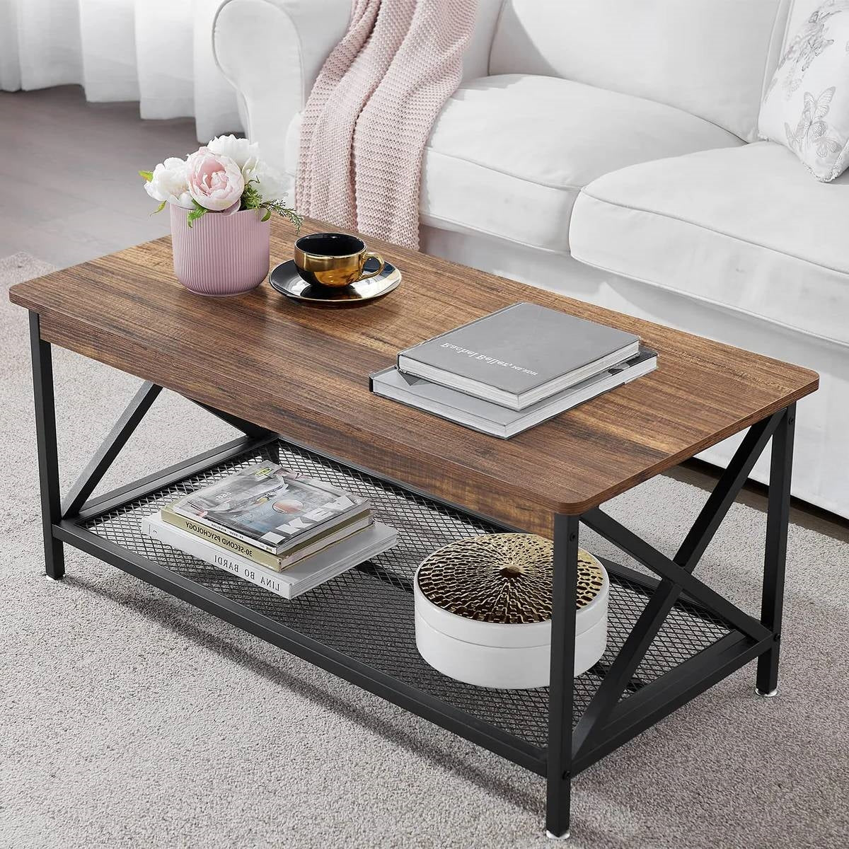 Modern Classic Metal Wood Coffee Table with Bottom Storage Shelf-0