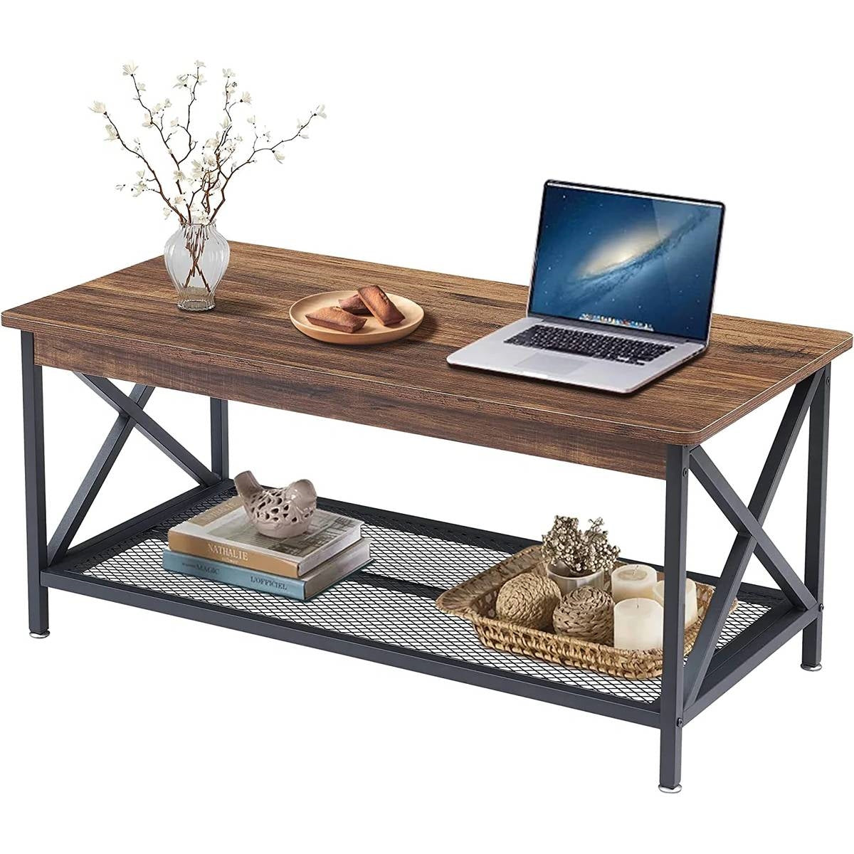 Modern Classic Metal Wood Coffee Table with Bottom Storage Shelf-1