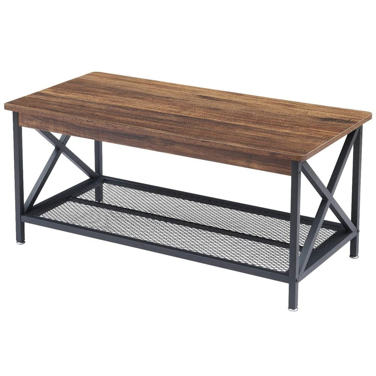Modern Classic Metal Wood Coffee Table with Bottom Storage Shelf-2