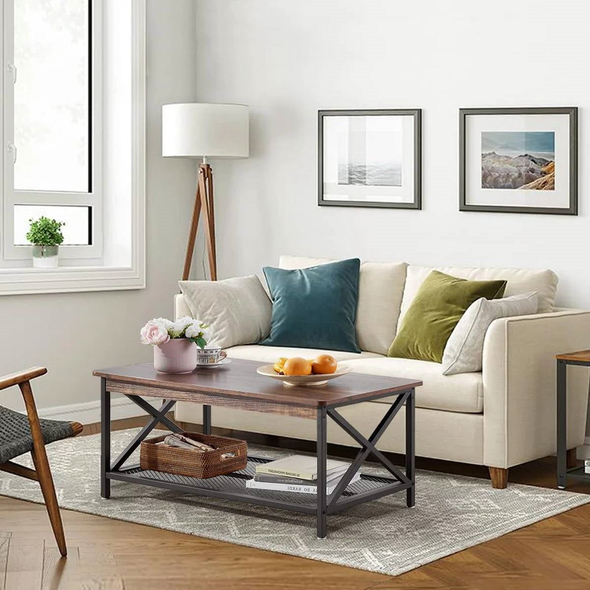 Modern Classic Metal Wood Coffee Table with Bottom Storage Shelf-3