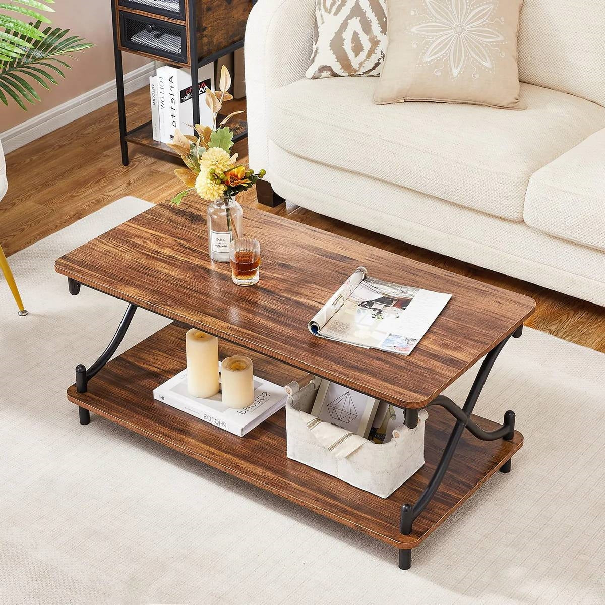 Modern Industrial Black Metal Brown Wood Coffee Table with Lower Storage Shelf-1