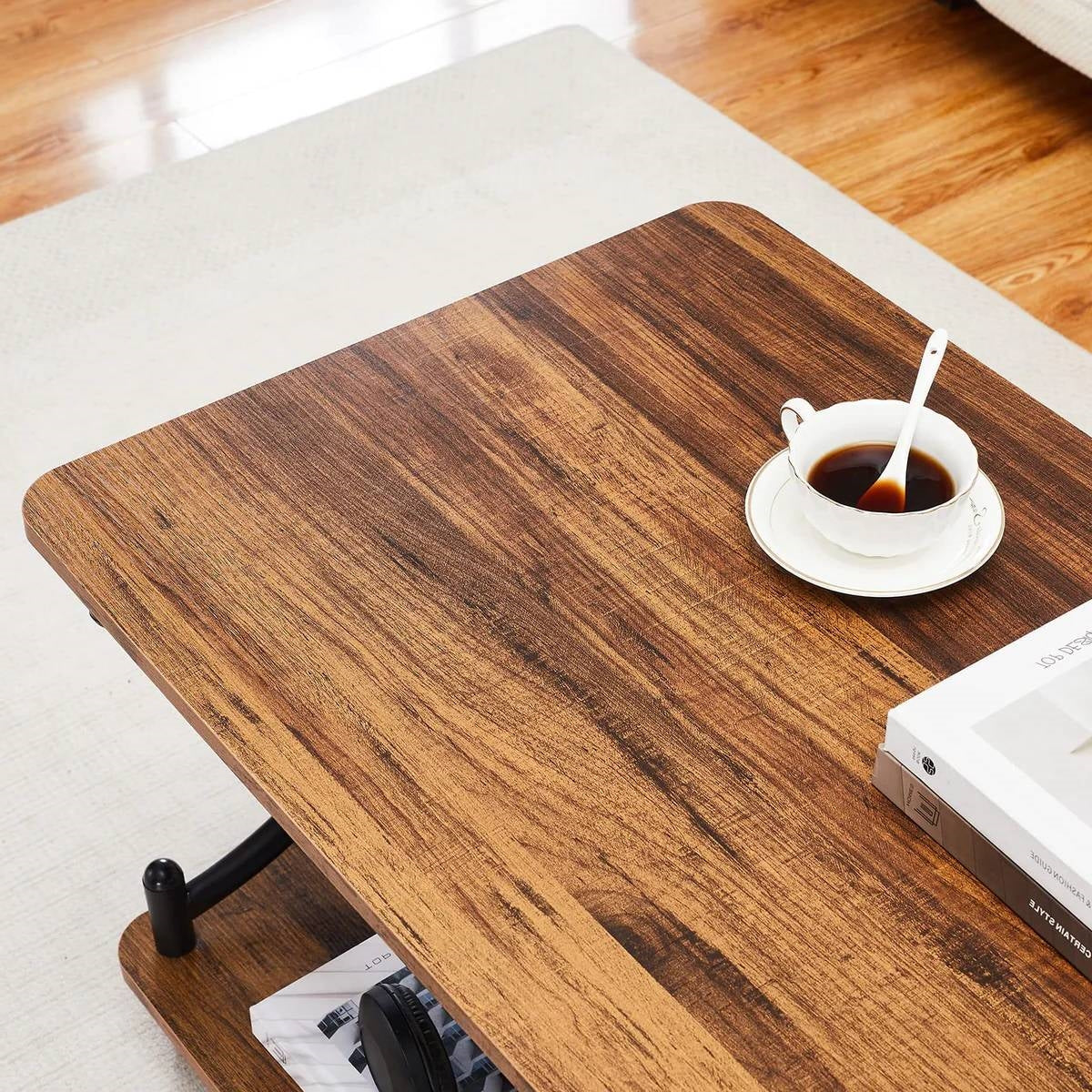 Modern Industrial Black Metal Brown Wood Coffee Table with Lower Storage Shelf-3