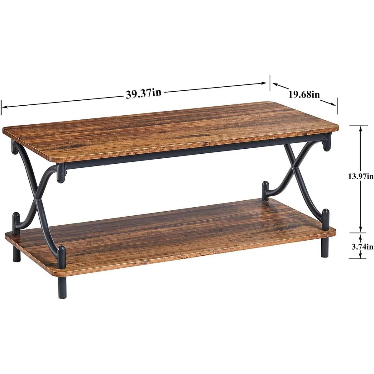Modern Industrial Black Metal Brown Wood Coffee Table with Lower Storage Shelf-4