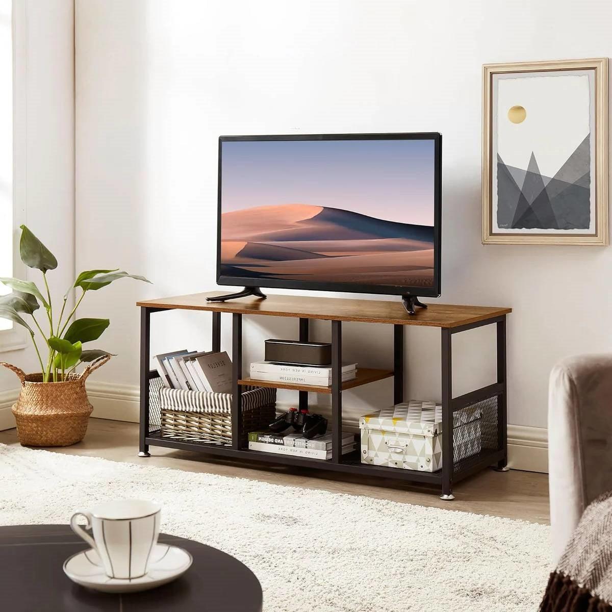 Industrial Modern Metal Wood TV Stand with Media Storage Shelf - PRHOMZ