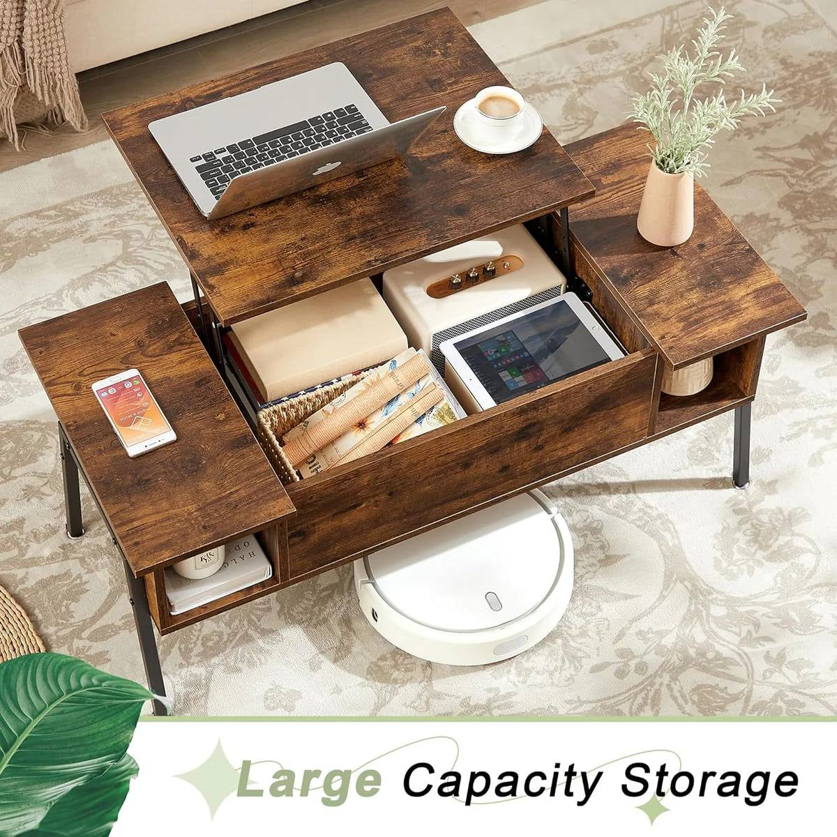 Modern Lift-Top Coffee Table Laptop Desk with Storage Shelf in Brown Wood Finish-1