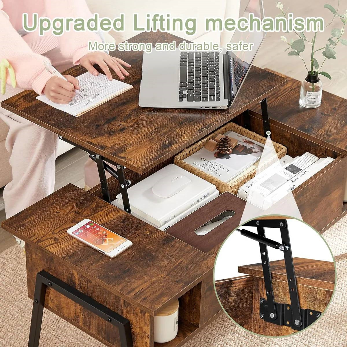 Modern Lift-Top Coffee Table Laptop Desk with Storage Shelf in Brown Wood Finish-2