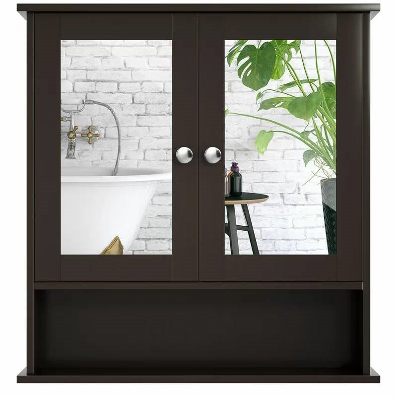 Brown Wooden Bathroom Wall / Medicine Cabinet with Mirrored Doors and Shelf-2