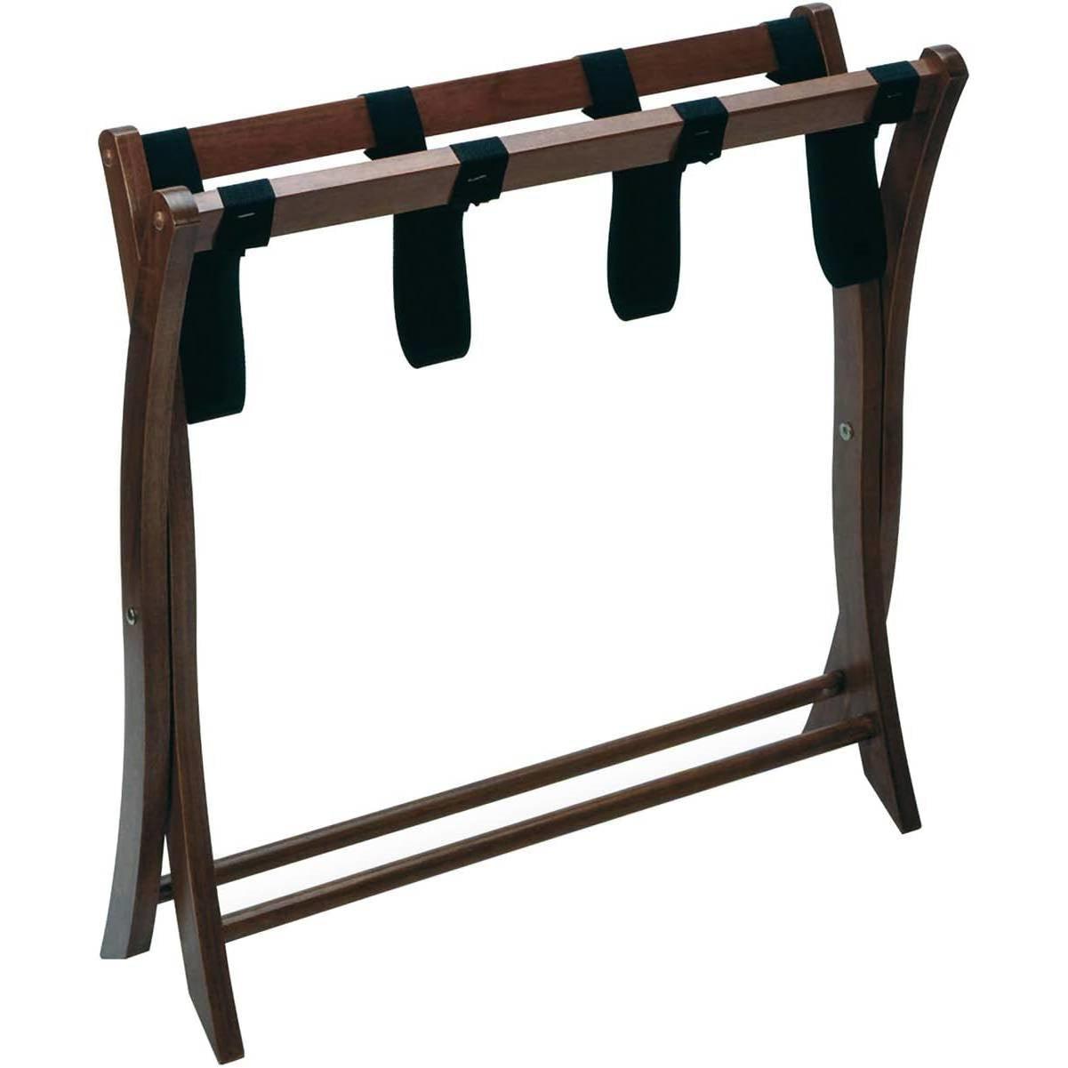Solid Wood Folding Luggage Rack in Medium Brown Finish with Black Nylon Straps - PRHOMZ