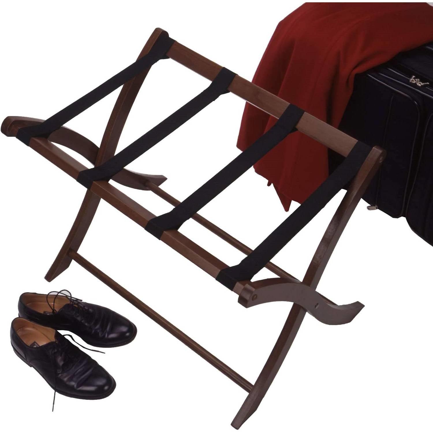Solid Wood Folding Luggage Rack in Medium Brown Finish with Black Nylon Straps - PRHOMZ
