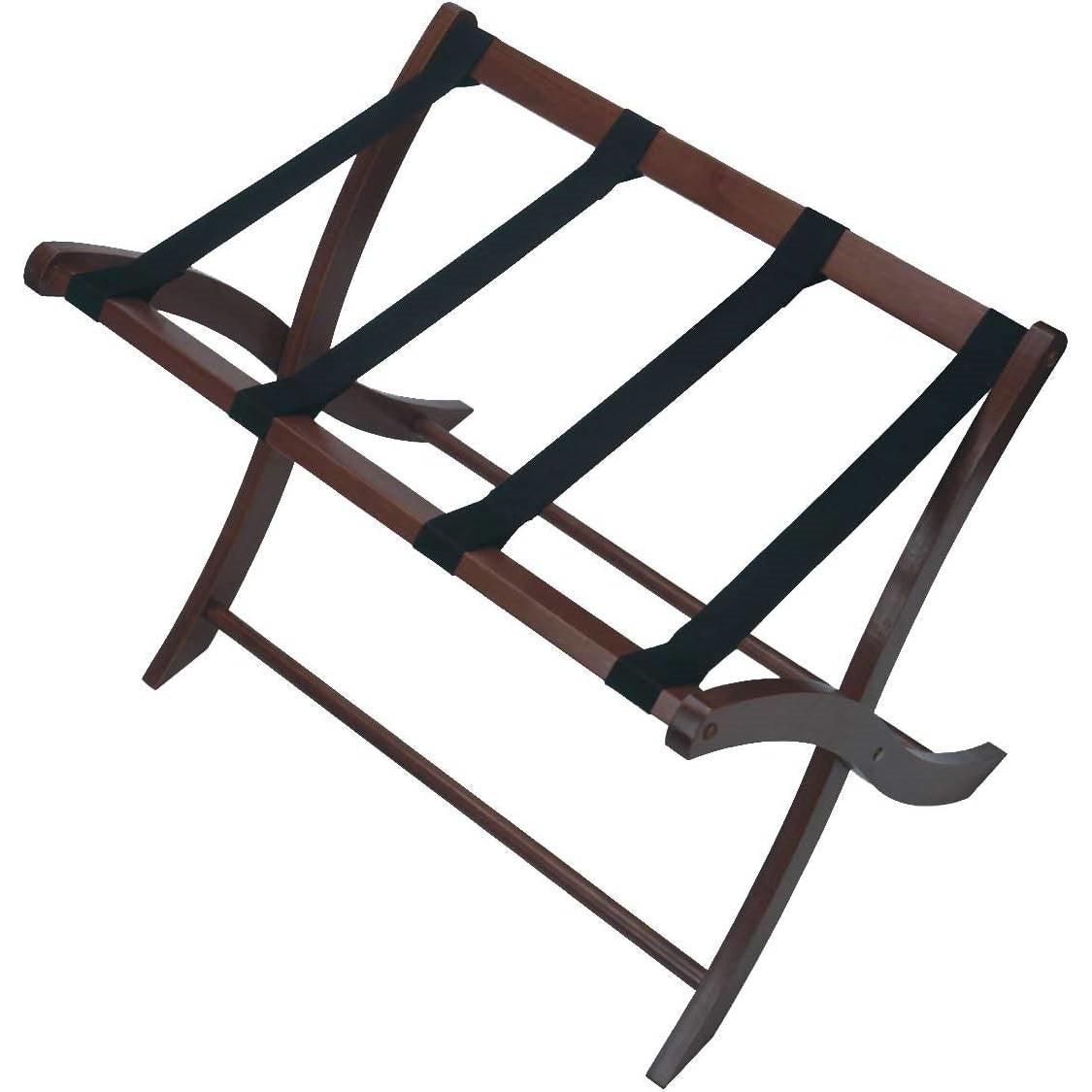 Solid Wood Folding Luggage Rack in Medium Brown Finish with Black Nylon Straps - PRHOMZ