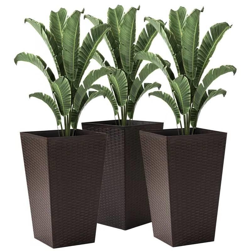 Set of 3 - Brown Faux Rattan Plastic Tall Large Flower Pots - PRHOMZ