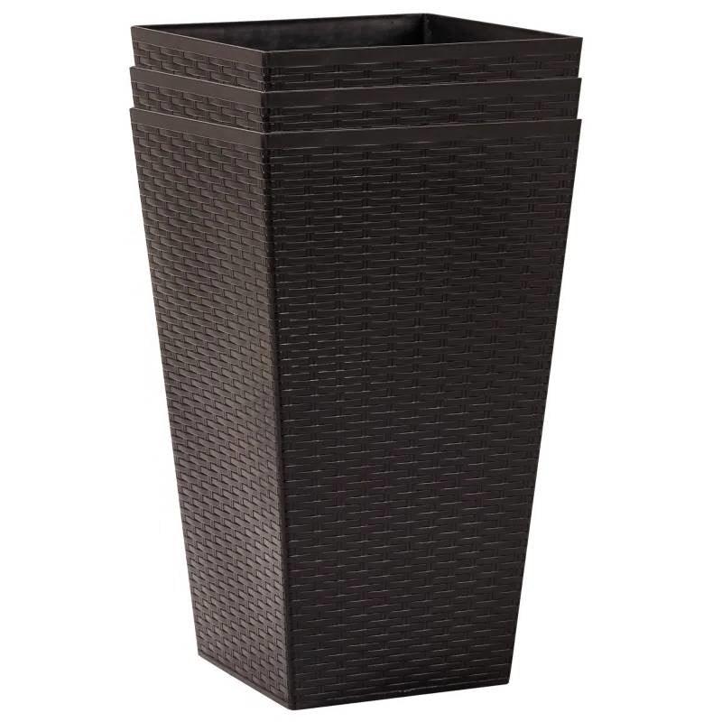 Set of 3 - Brown Faux Rattan Plastic Tall Large Flower Pots - PRHOMZ