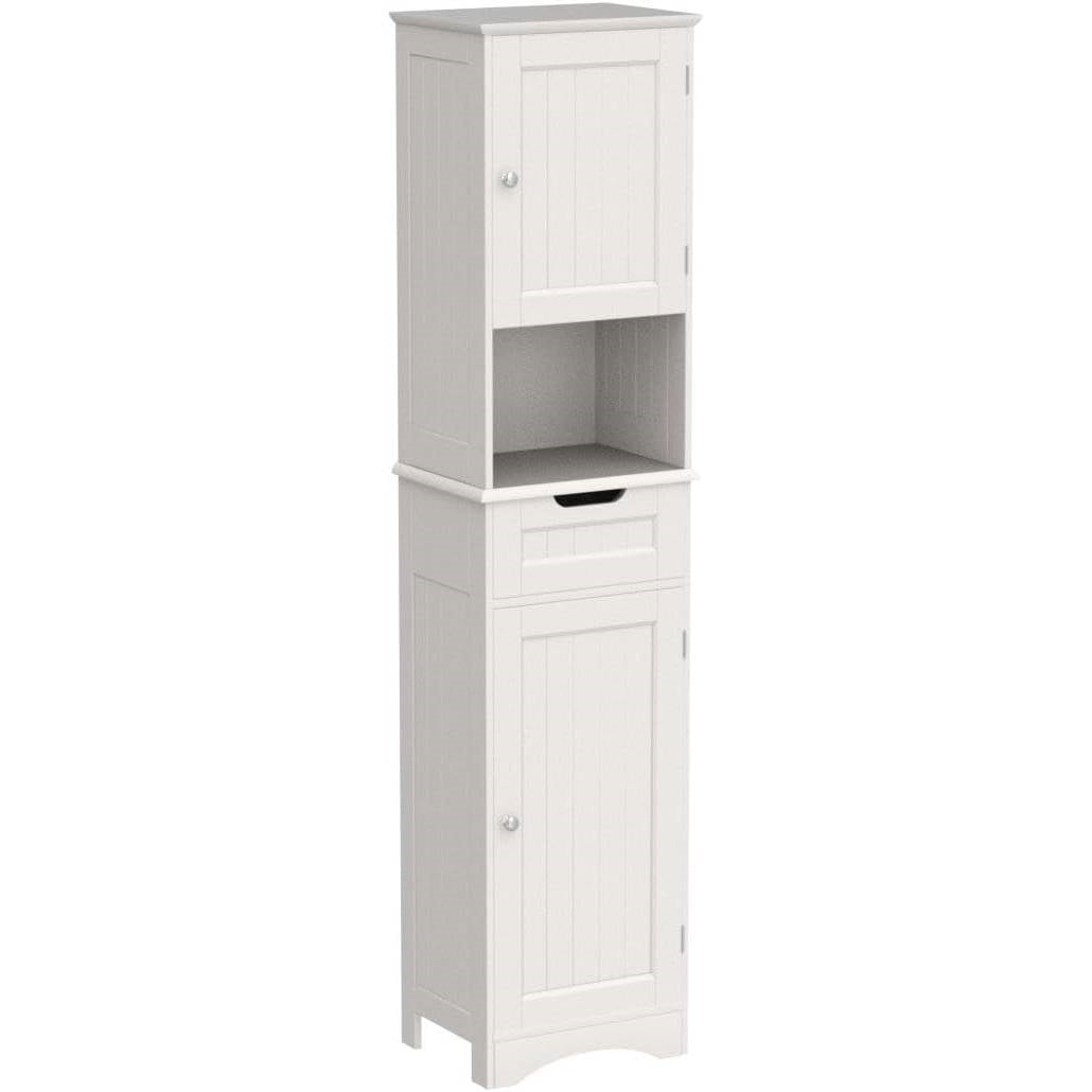 White Bathroom Linen Cabinet Tower with 2 Doors Storage Drawer and Shelf-2