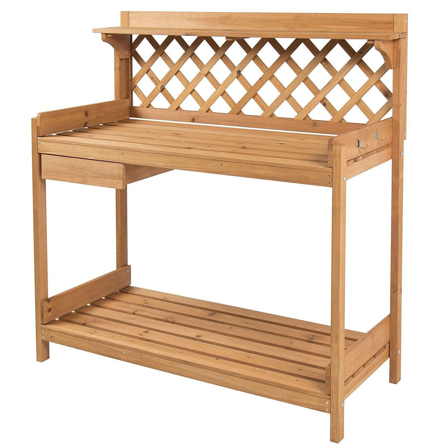 Solid Wood Garden Work Table Potting Bench in Natural Finish - PRHOMZ
