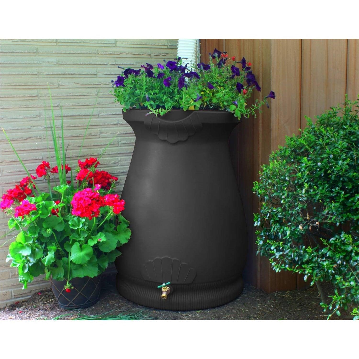 Black 65-Gallon Plastic Urn Rain Barrel with Planter Top - PRHOMZ