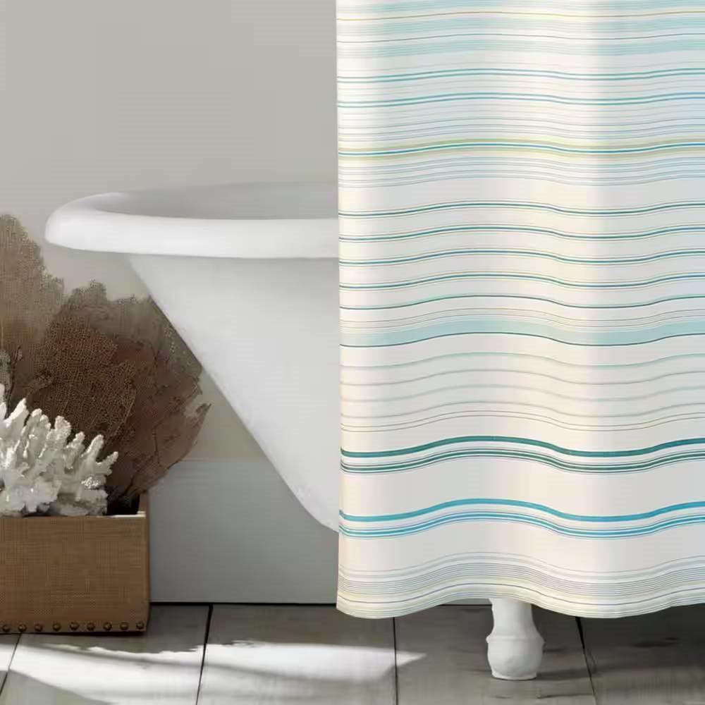 72-inch Sea Breeze Blue Green White Cabana Stripe Cotton Shower Curtain - PRHOMZ