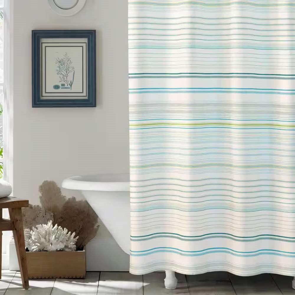 72-inch Sea Breeze Blue Green White Cabana Stripe Cotton Shower Curtain - PRHOMZ