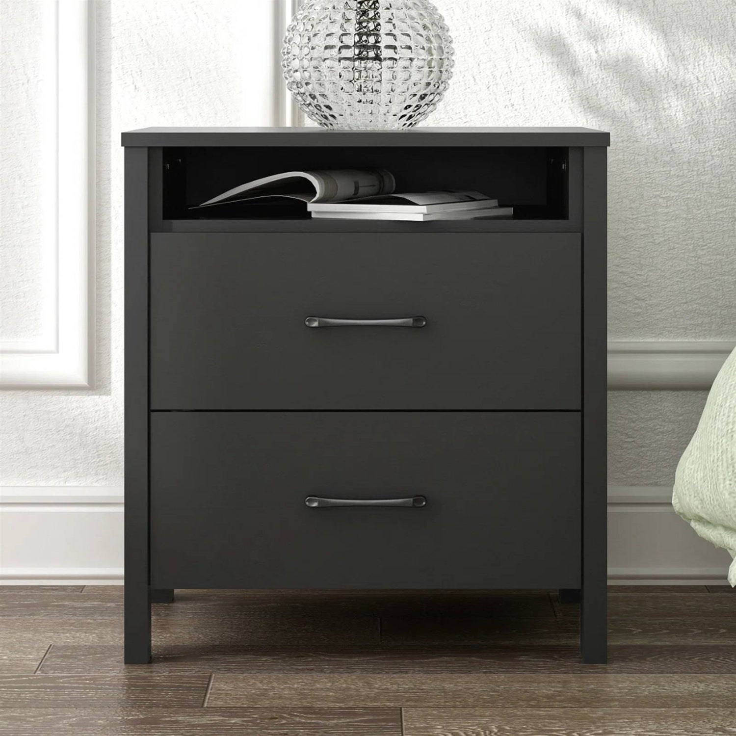 Modern 2-Drawer Nightstand Bedside Table in Black Wood Finish-1
