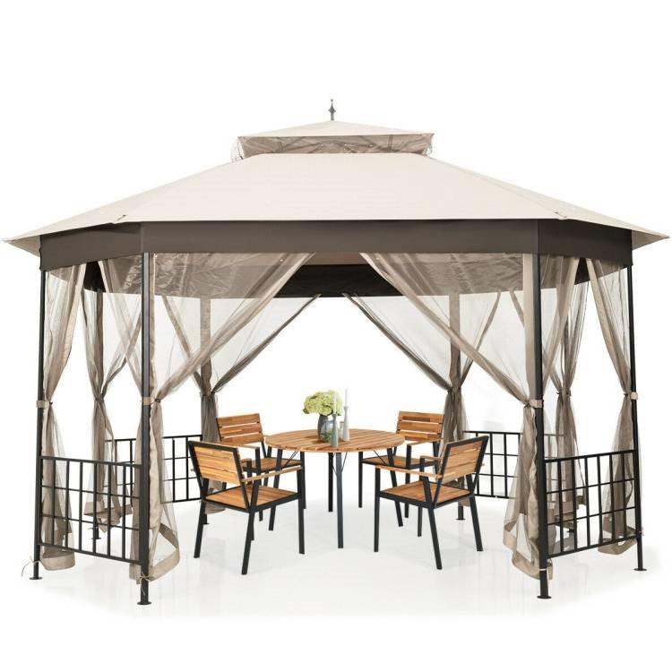 Outdoor 10 x 12 Ft Octagon Gazebo with Mosquito Net Sidewalls and Beige Canopy - PRHOMZ