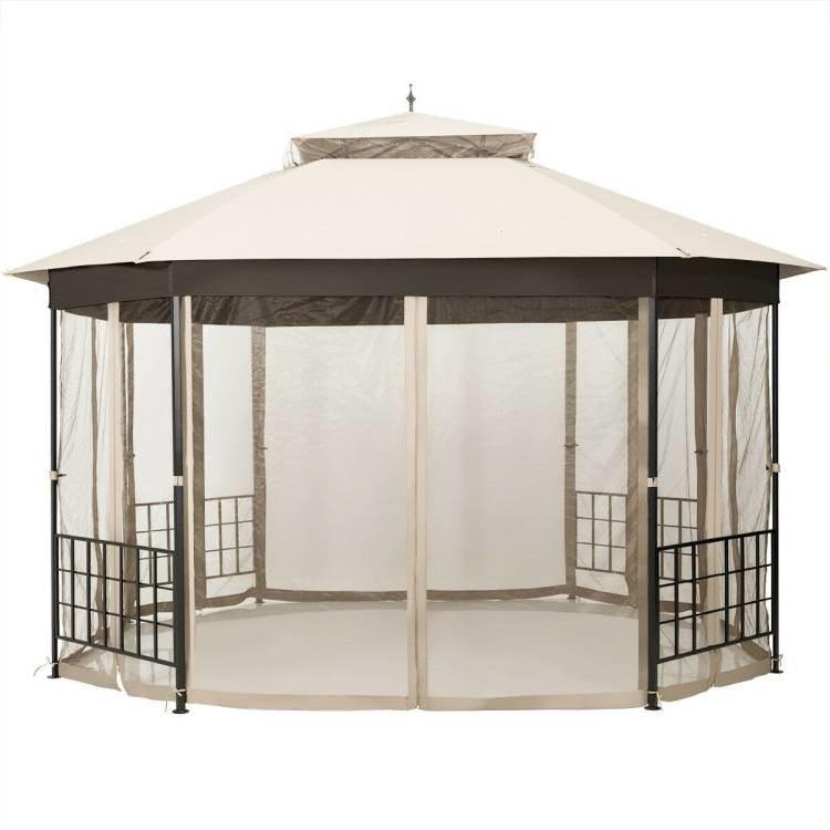 Outdoor 10 x 12 Ft Octagon Gazebo with Mosquito Net Sidewalls and Beige Canopy - PRHOMZ