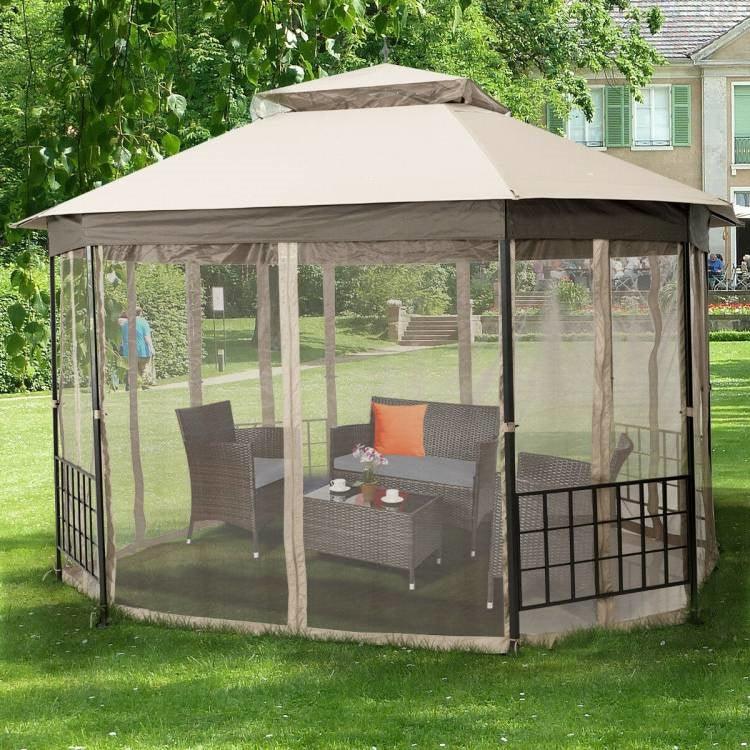 Outdoor 10 x 12 Ft Octagon Gazebo with Mosquito Net Sidewalls and Beige Canopy - PRHOMZ