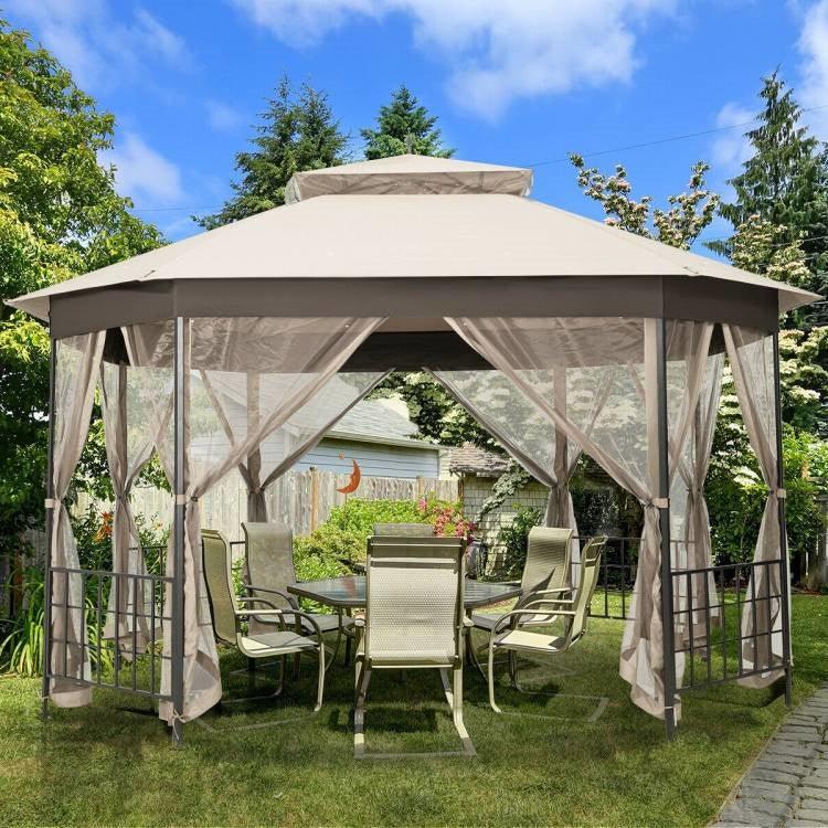 Outdoor 10 x 12 Ft Octagon Gazebo with Mosquito Net Sidewalls and Beige Canopy - PRHOMZ