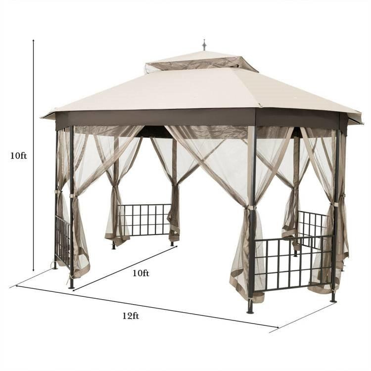 Outdoor 10 x 12 Ft Octagon Gazebo with Mosquito Net Sidewalls and Beige Canopy - PRHOMZ