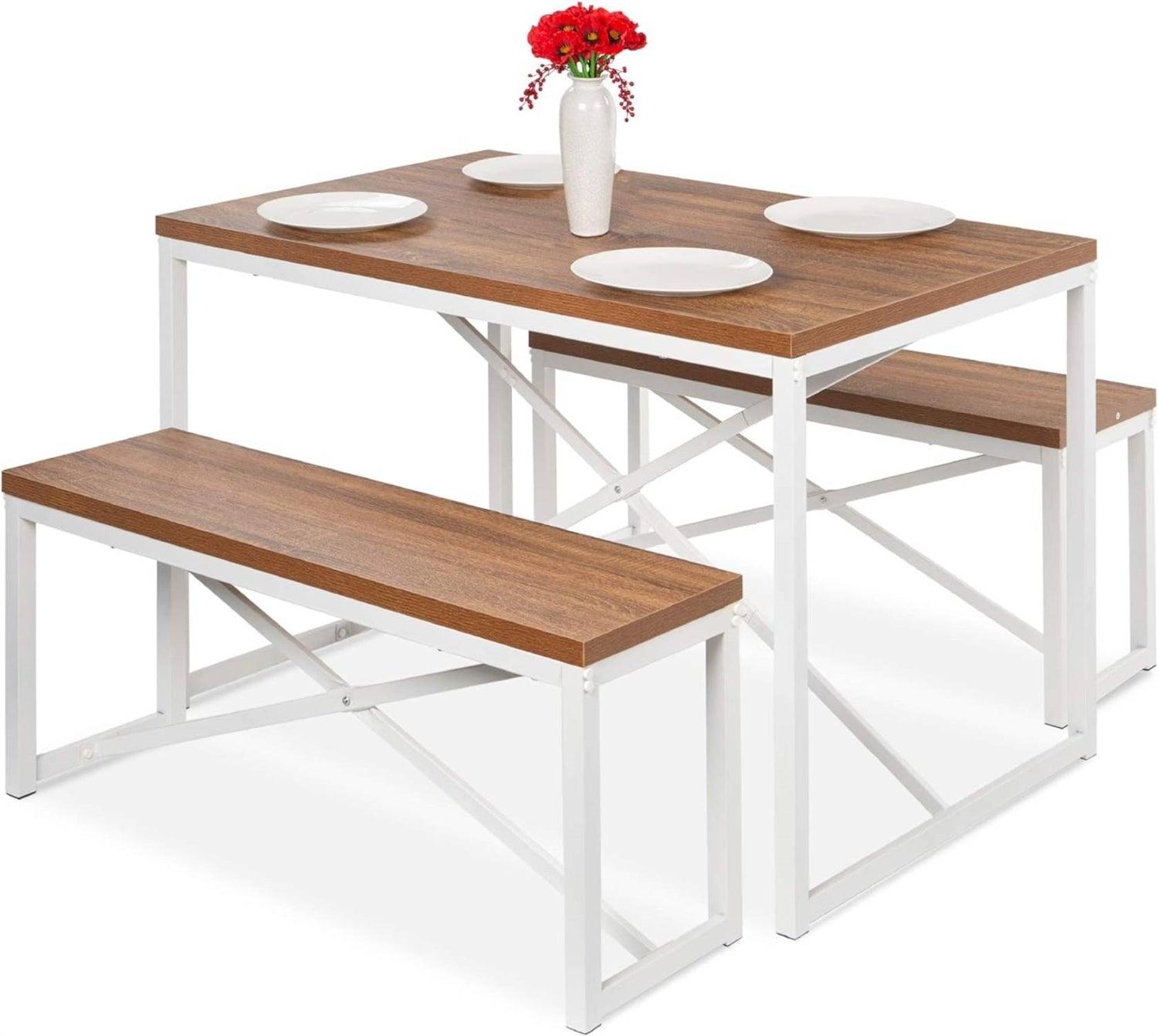 Modern 3-Piece Dining Set Wood Top White Metal Frame Table and 2 Bench Chairs - PRHOMZ