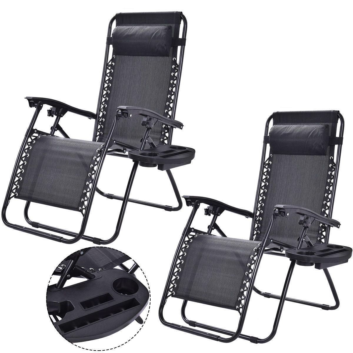 Set of 2 Black Folding Outdoor Zero Gravity Lounge Chair Recliner - PRHOMZ