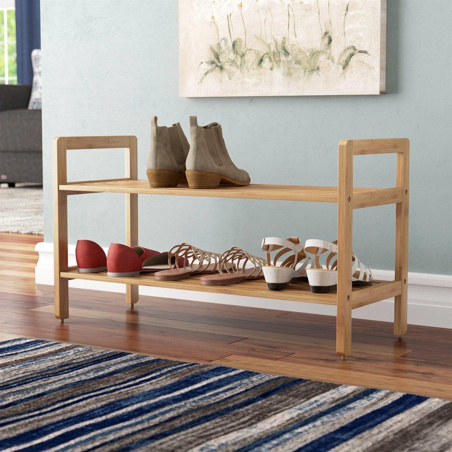 Modern Bamboo 2-Shelf Shoe Rack - Holds up to 8-Pair of Shoes - PRHOMZ